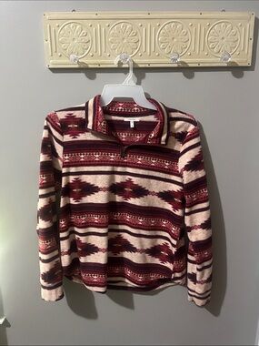 Quarter-Zip Aztec Print Pullover — Burgundy & Cream